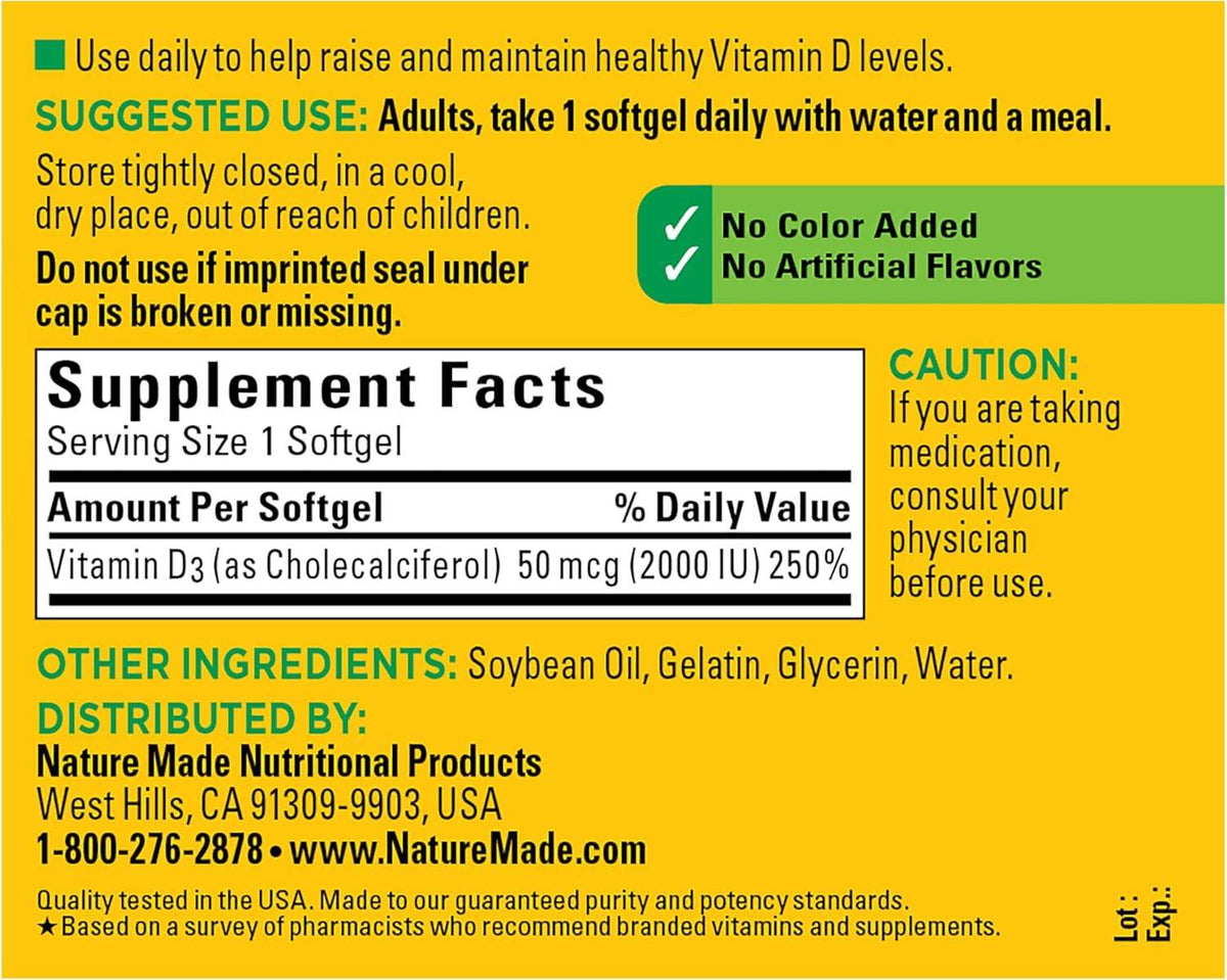 Nature Made Vitamin D3, 2000 IU, Liquid Softgels, 250 ea - OTC Shoppe Express