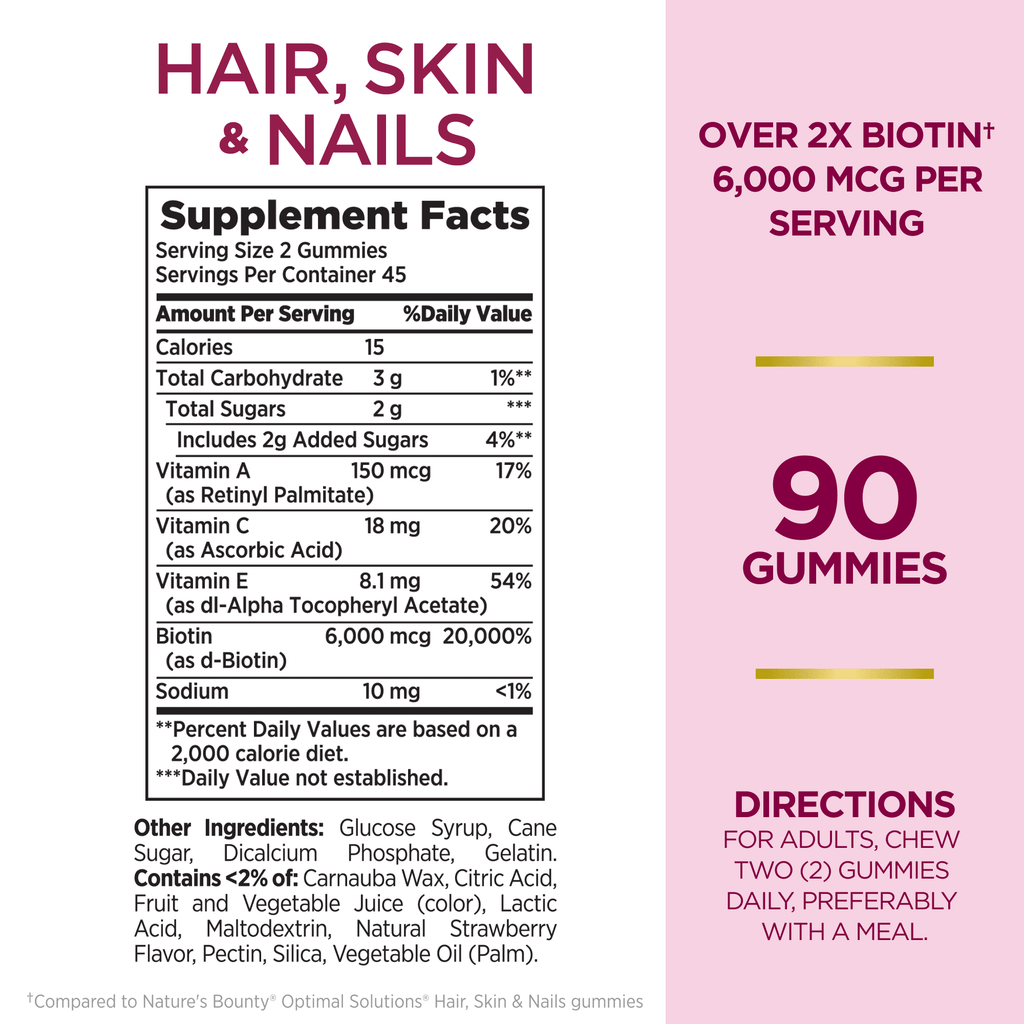 Nature's Bounty Optimal Solutions Advanced Hair, Skin and Nails Gummies, Biotin 6000 mcg, Vitamins A, C, and E, Strawberry, 90 Count