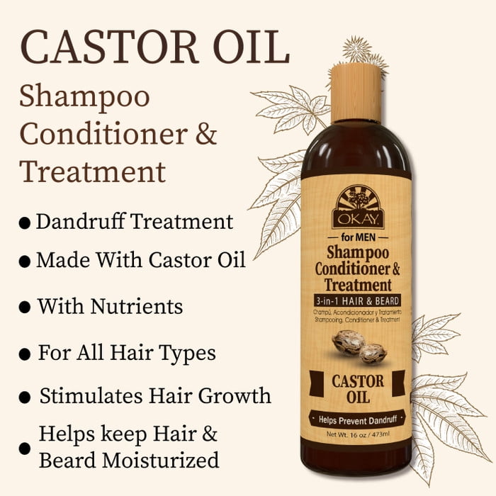 OKAY MEN Castor Oil Beard and Hair 3 in 1 Shampoo, Conditioner, Dandruff Treatment 16oz