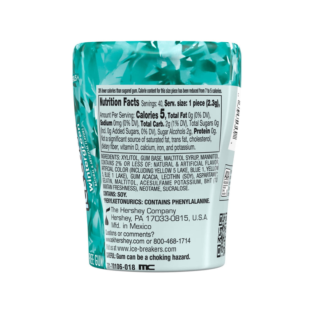 Ice Breakers Ice Cubes Wintergreen Sugar Free Chewing Gum, Bottle 3.24 oz, 40 Pieces