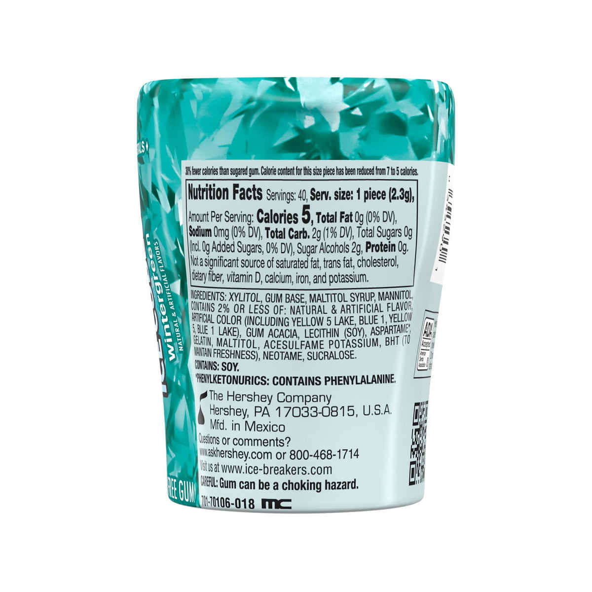 Ice Breakers Ice Cubes Wintergreen Sugar Free Chewing Gum, Bottle 3.24 oz, 40 Pieces