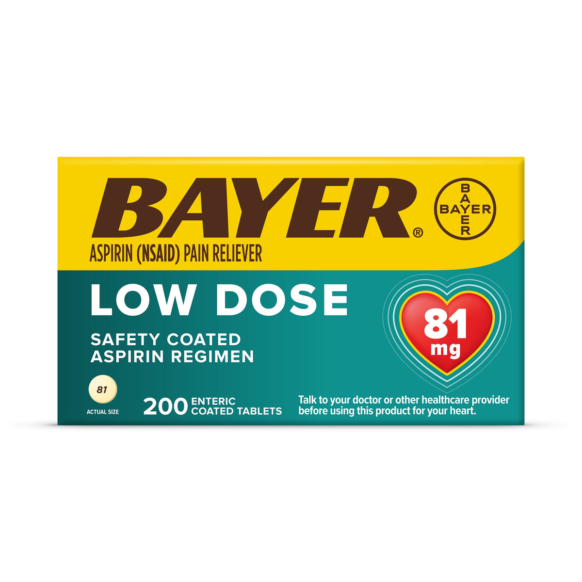 Bayer Aspirin Low Dose, 81 mg, for Cardiovascular Disease Enteric Coated Tablets, 200  Count