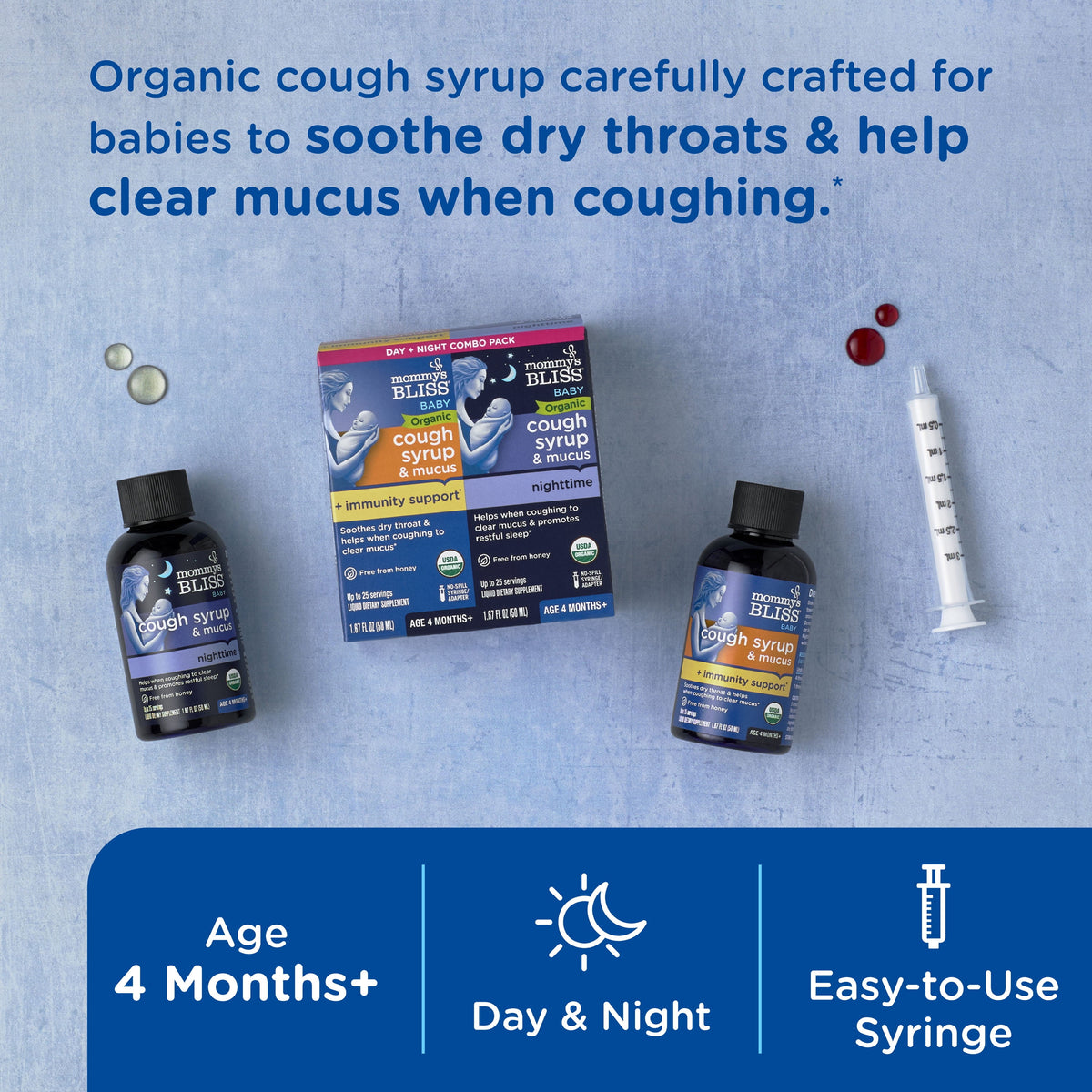 Mommy's Bliss Organic Day + Night Organic Cough Syrup,Age 4 Months+, over-The Counter,(2) 1.67 fl. oz. Bottles