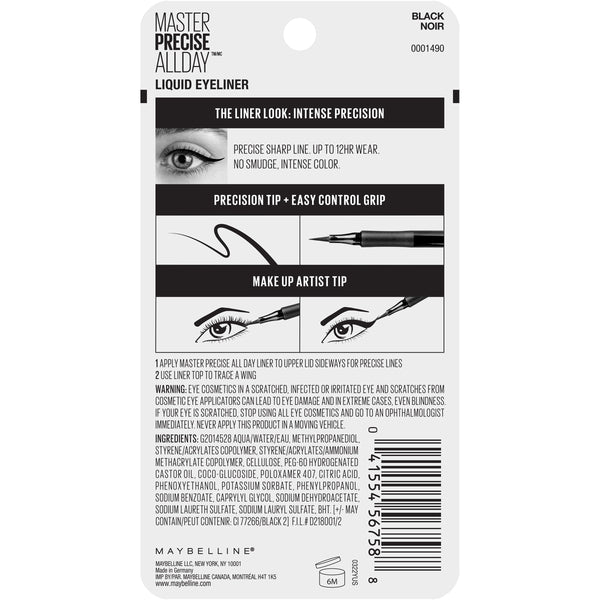 Maybelline EyeStudio Master Precise All Day Liquid Eyeliner Makeup, Black, 2 Pack