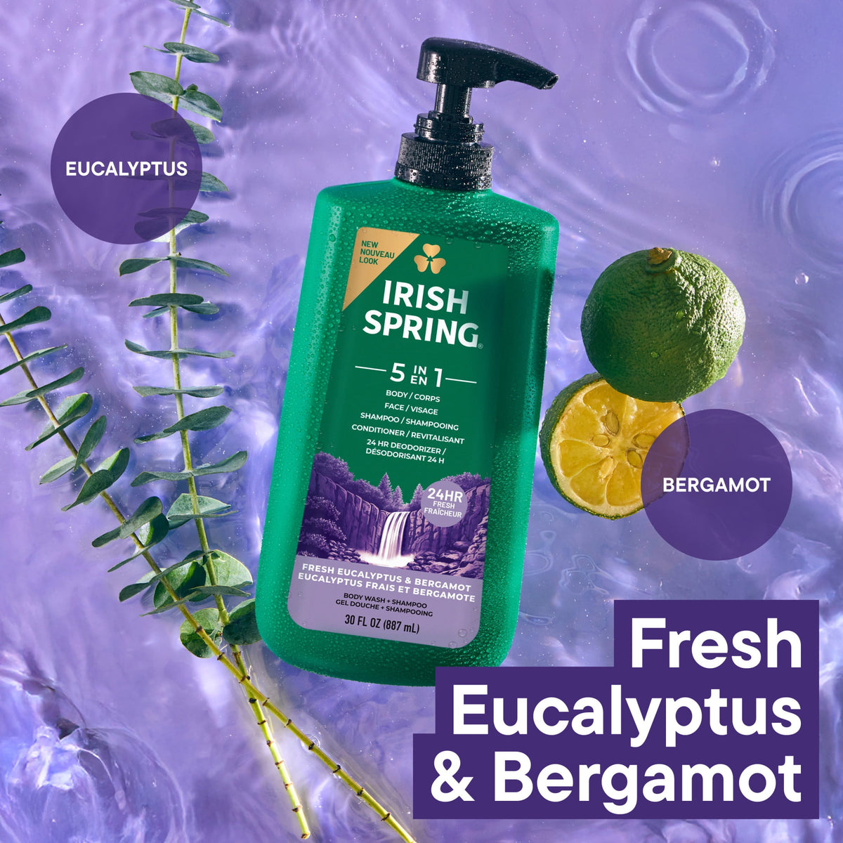 Irish Spring 5 in 1 Men's Body, Hair, & Face Wash, Eucalyptus & Bergamot Scent, 30 fl oz