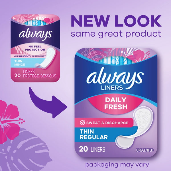 Always Thin No Feel Protection Daily Liners Regular Absorbency Unscented, 72 Ct