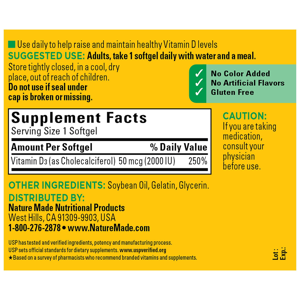 Nature Made Vitamin D3 2000 IU (50 mcg) Softgels, Vitamin D Dietary Supplement, 260 Count