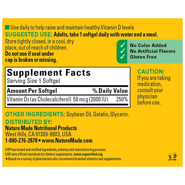 Nature Made Vitamin D3 2000 IU (50 mcg) Softgels, Vitamin D Dietary Supplement, 260 Count