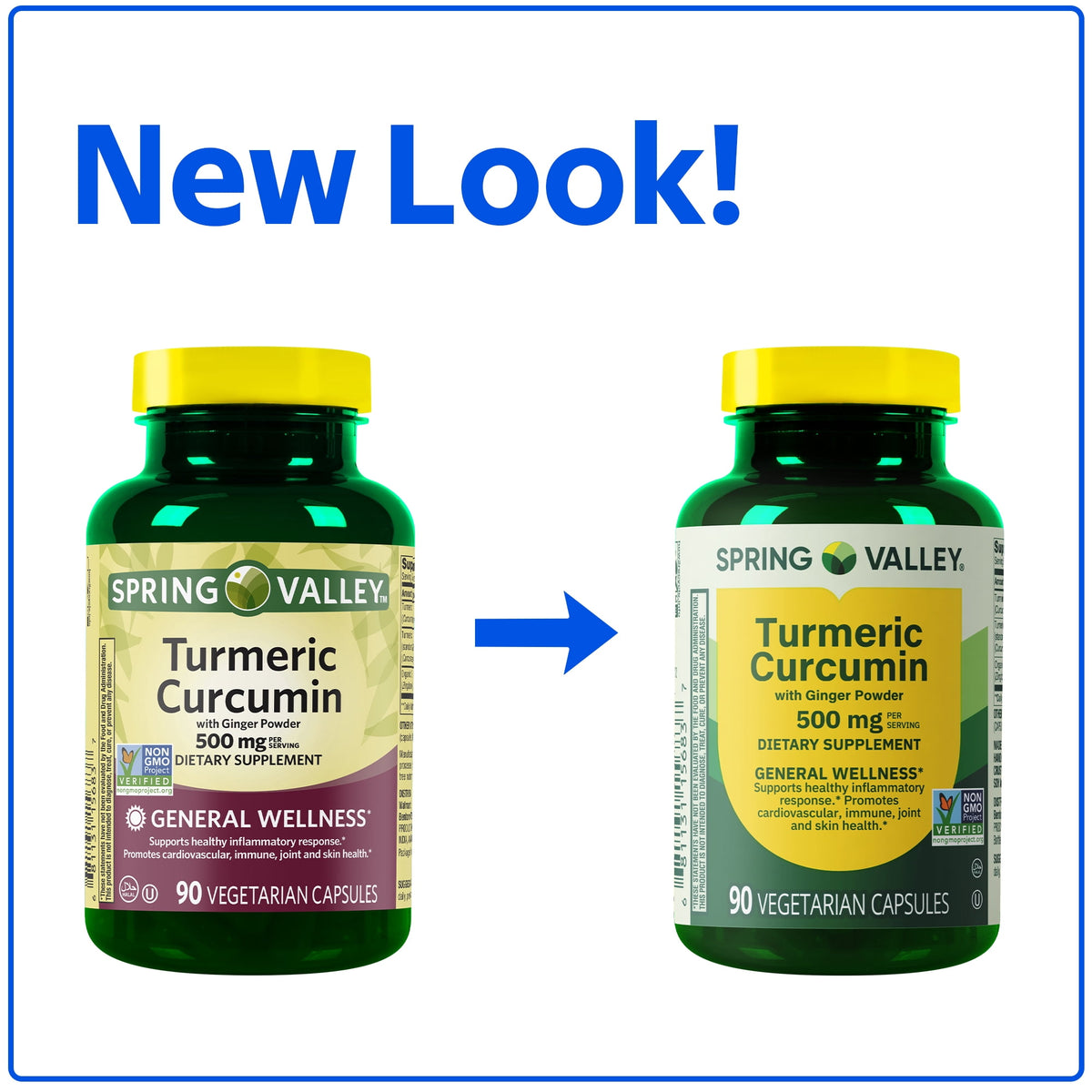 Spring Valley Turmeric Curcumin with Ginger Powder Dietary Supplement Vegetarian Capsules for General Wellness, 500 mg, 90 Count