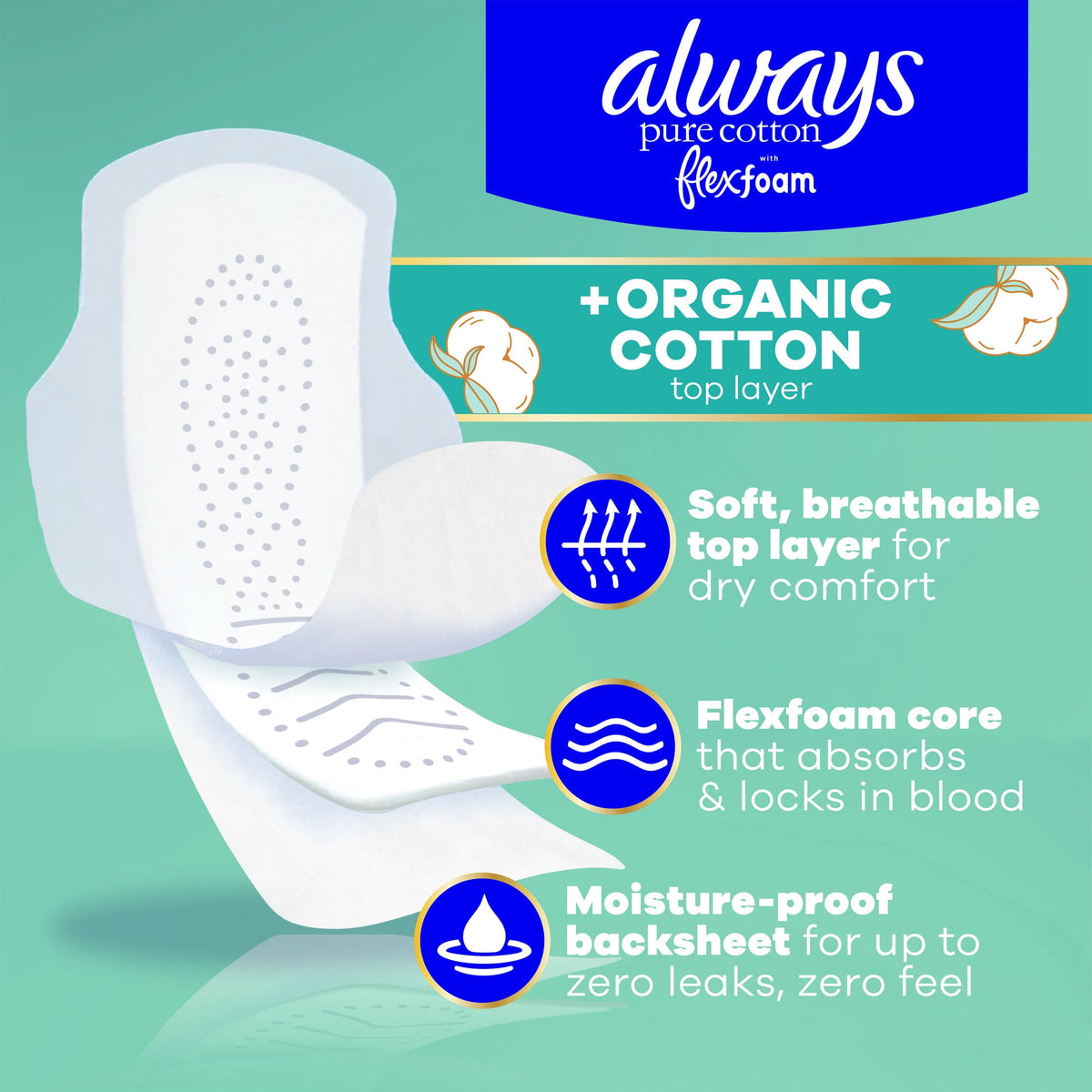 Always Pure Cotton Pads with Organic Top Layer, Size 2 Pads with Wings, Heavy Absorbency, 24 Count