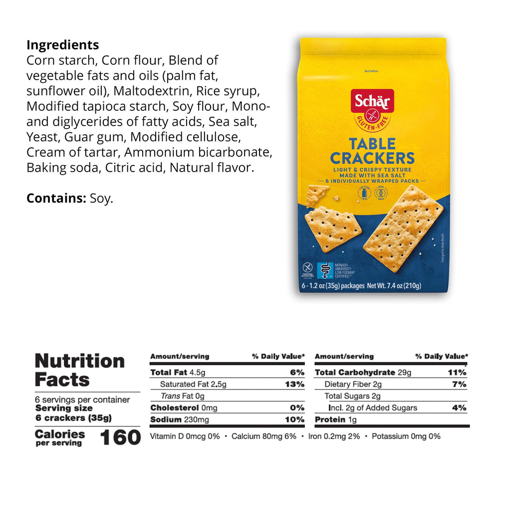 Schar Gluten Free Table Crackers, Paper Packet, 7.4 Ounce (1.2oz Packs per Case)