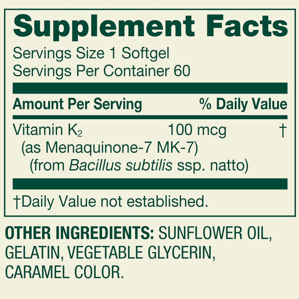 Spring Valley Vitamin K2 100mcg Soft Gel Capsules for Bone Health, 60 Count