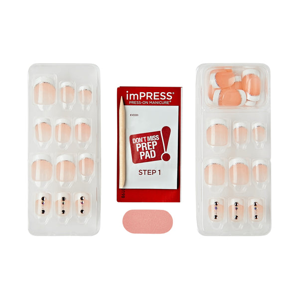 Kiss Impress French Tip Short Square Press-on Nails, 30 Piece Set