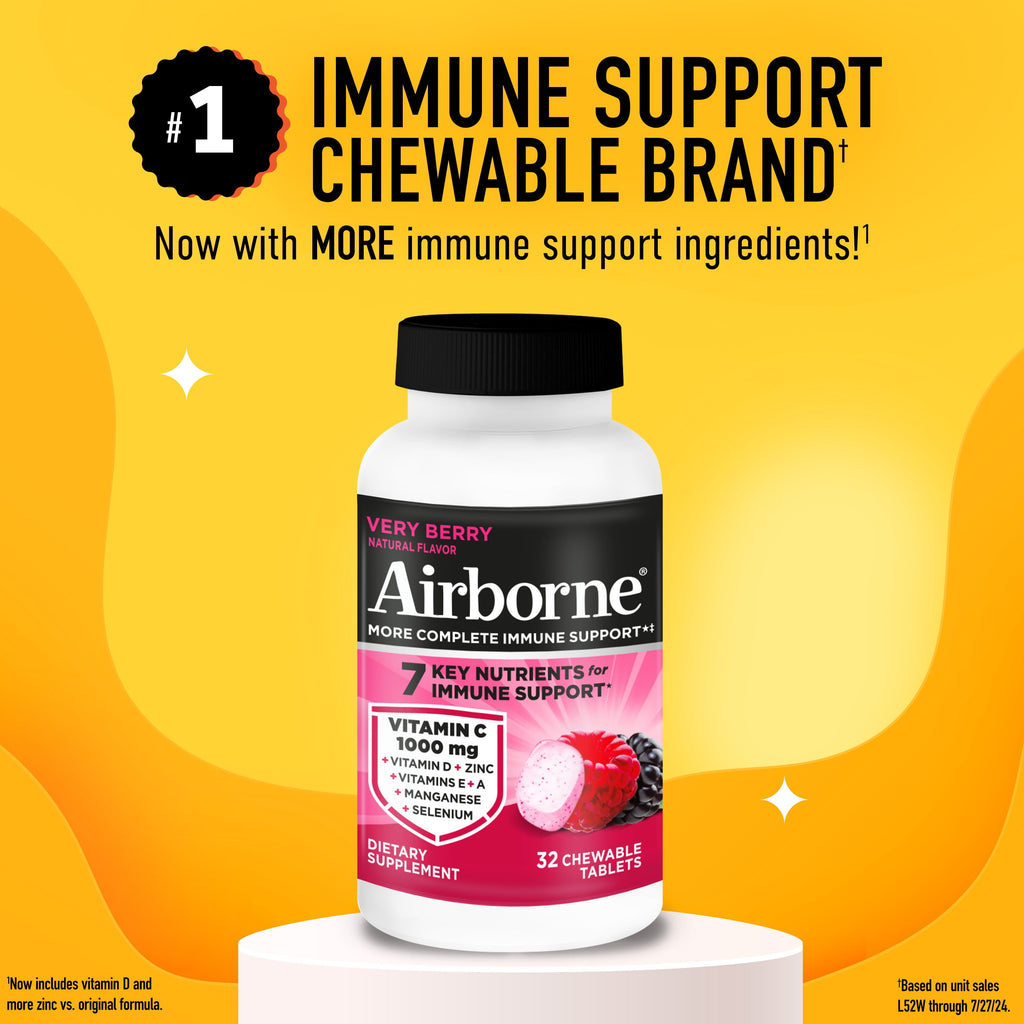 Airborne 1000mg Vitamin C Immune Support Chewable Tablets, Multivitamin Supplement, Very Berry Flavor, 32 ct