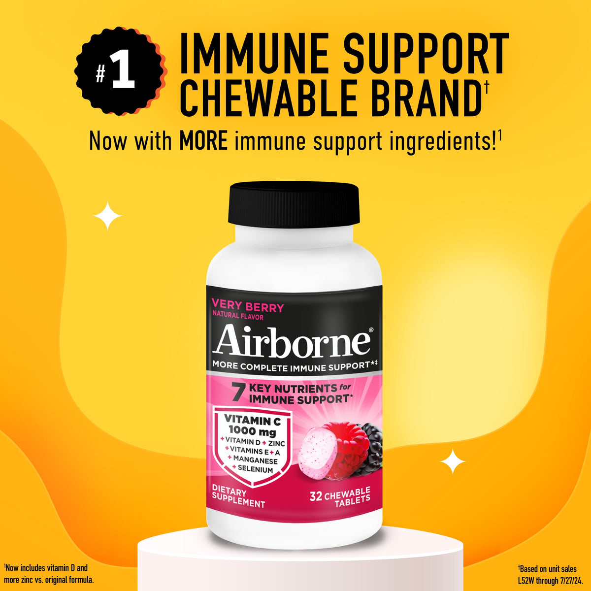 Airborne 1000mg Vitamin C Immune Support Chewable Tablets, Multivitamin Supplement, Very Berry Flavor, 32 ct