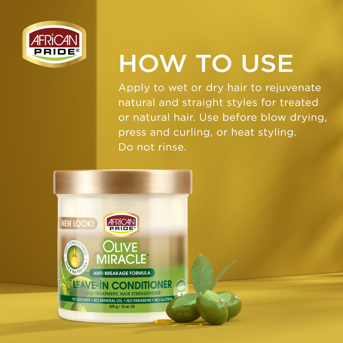 African Pride Olive Miracle Leave-in Conditioner 15 oz, Moisturizing, Damaged Hair, Unisex