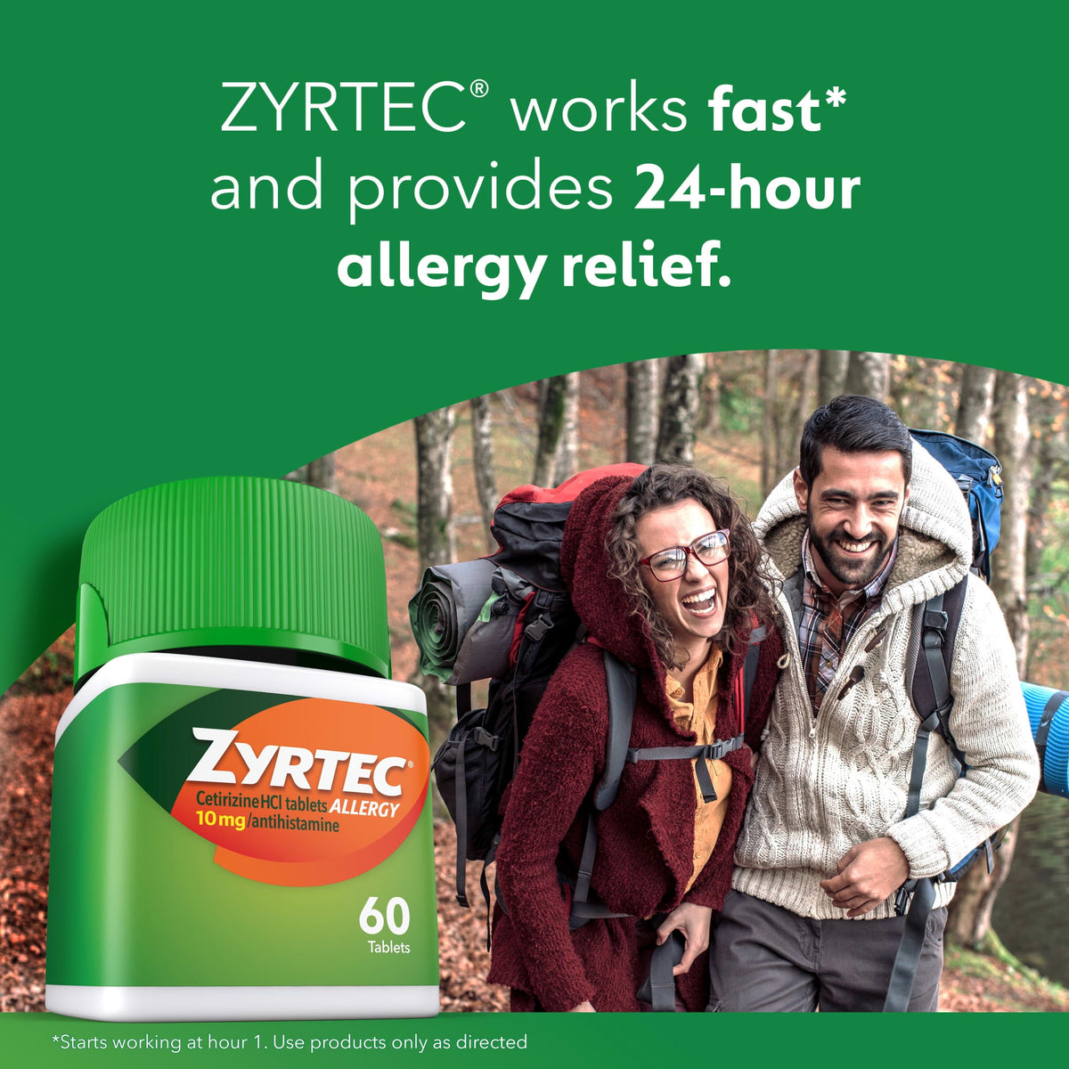 Zyrtec 24 Hour Allergy Medicine Tablets, 10 mg Cetirizine HCl Antihistamine, 60 Count