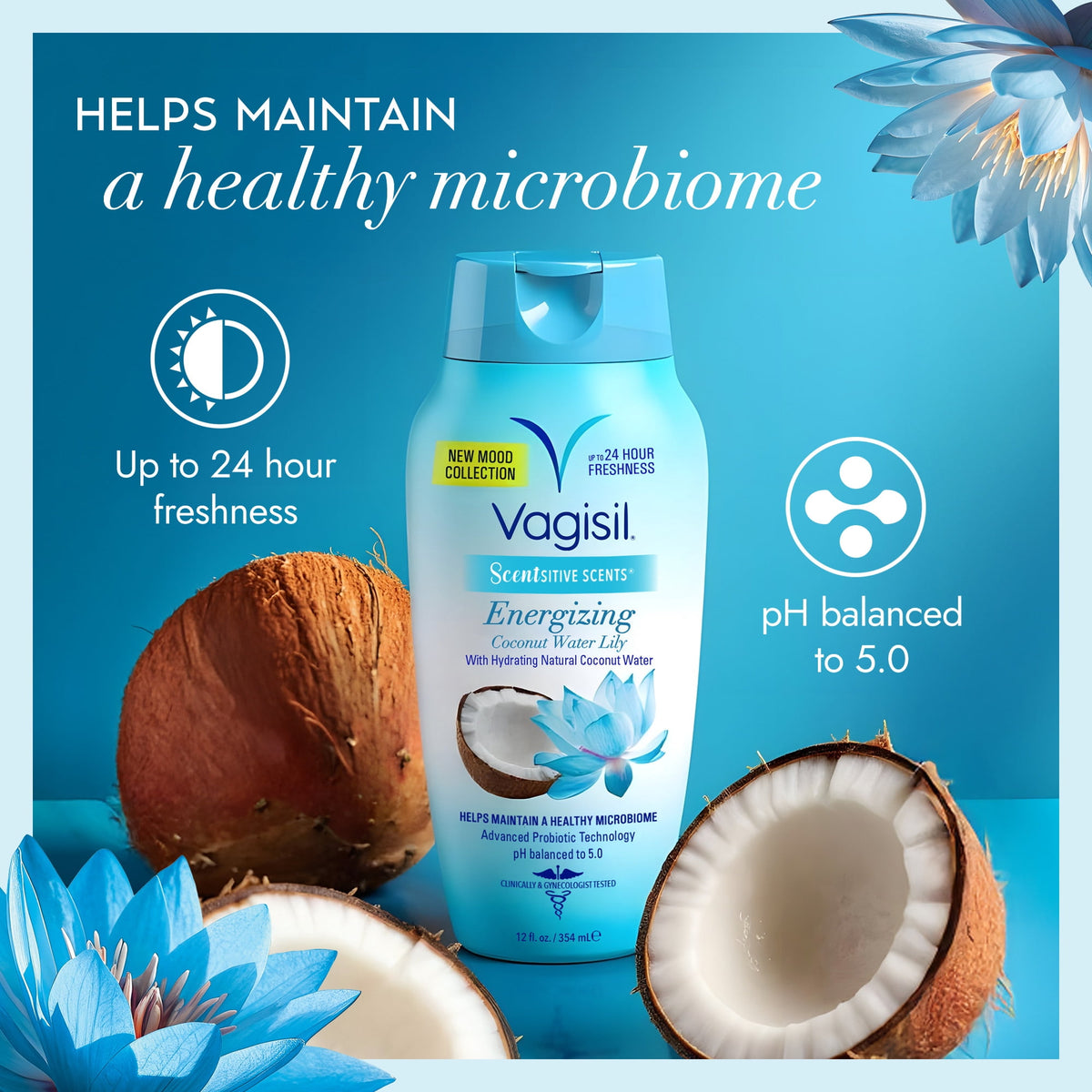 Vagisil Feminine Wash for Intimate Area Hygiene, Scentsitive Scents, pH Balanced and Gynecologist Tested, Energizing Coconut Water Lily, 12 fl oz
