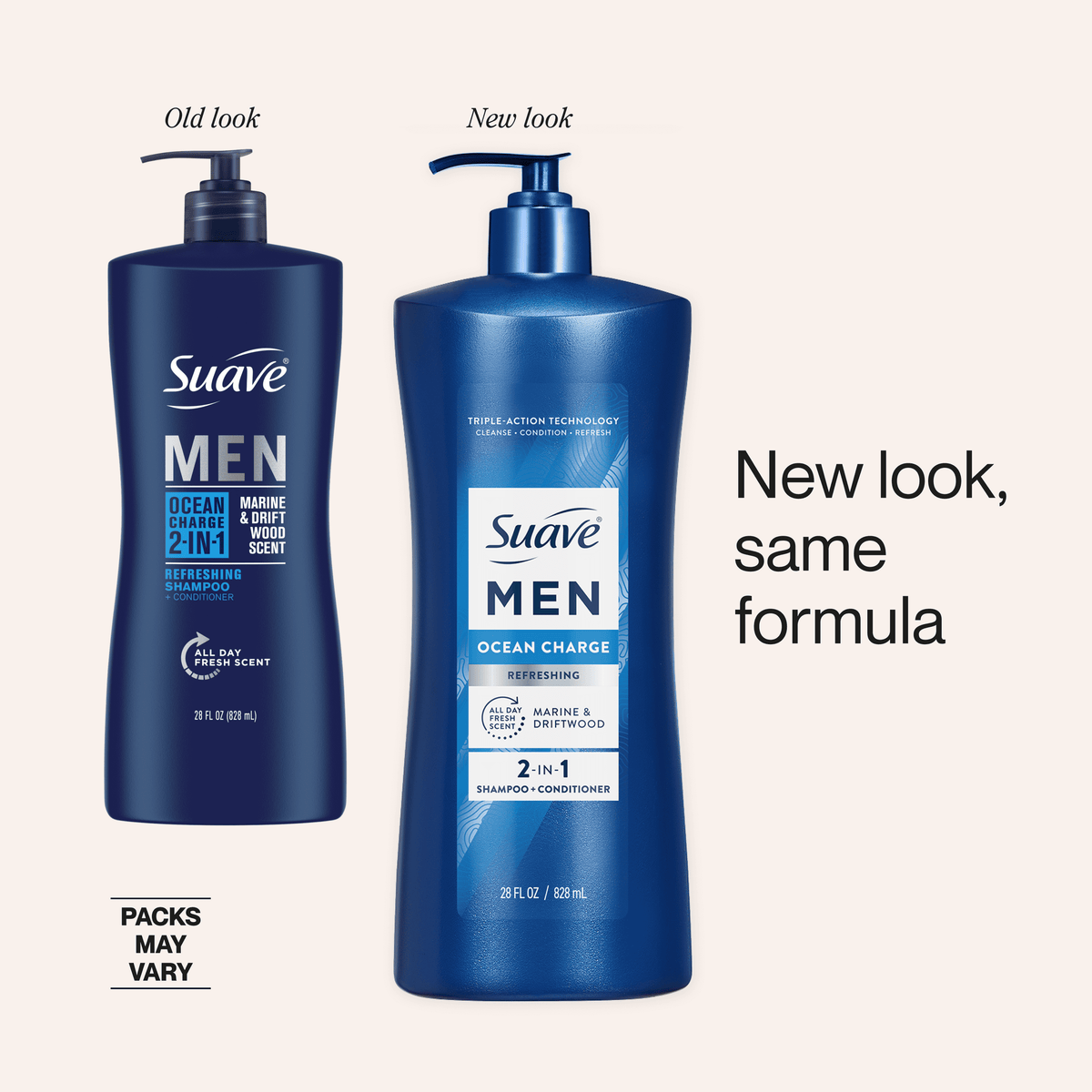Suave Men Refreshing 2-in-1 Body & Face Wash with Glycerin & Vitamin E, Ocean Charge, 28 fl oz