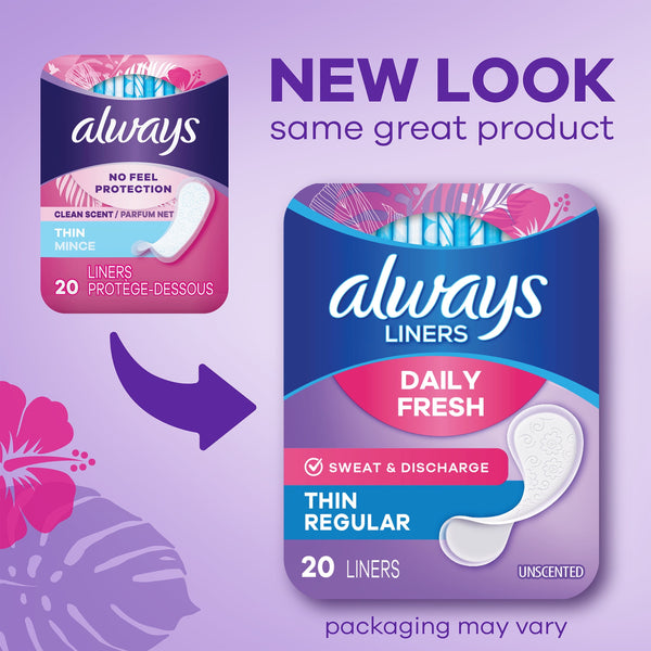 Always Thin No Feel Protection Daily Liners Regular Absorbency Unscented, 20 Count