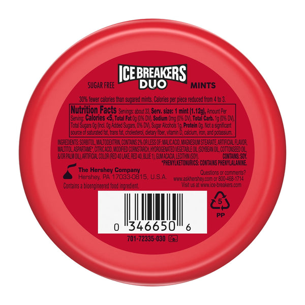 Ice Breakers Duo Fruit Plus Cool Strawberry Sugar Free Mints, Tin 1.3 oz