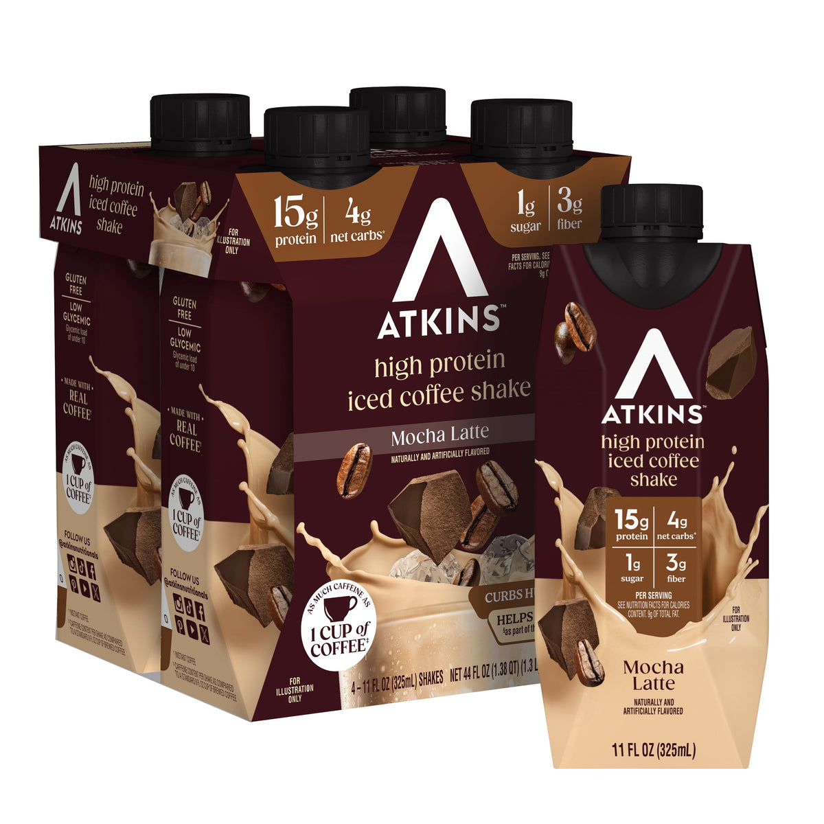 Atkins Protein Shake, Mocha Latte, Keto Friendly, Gluten Free, 4 Ct (Ready to Drink)