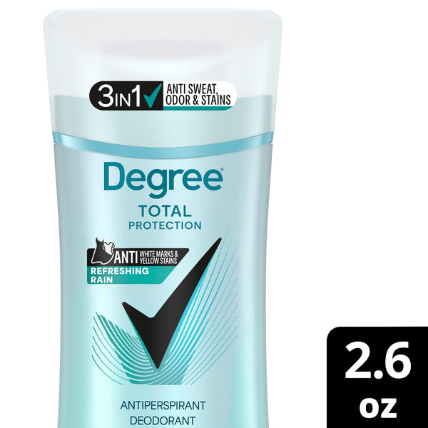Degree 3in1 Total Protection Antiperspirant Deodorant for Women Anti Sweat, Odor and Stains Refreshing Rain 72-hour Sweat and Odor Protection, 2.6 oz