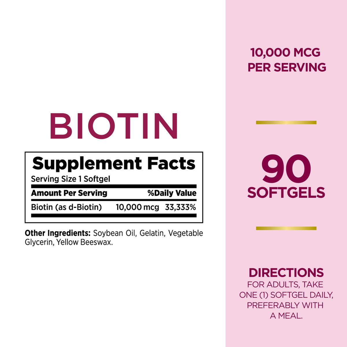 Nature's Bounty Optimal Solutions Biotin 10,000 mcg, Hair Skin and Nails, Softgels, 90 Count