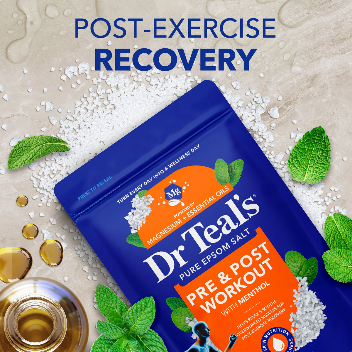 Dr Teal's Epsom Salt Magnesium Soak, Pre & Post Workout with Menthol, 3 lbs