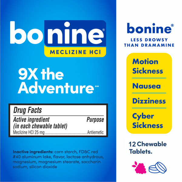 Bonine Raspberry Chewable Motion Sickness Relief Tablets, 12 Count