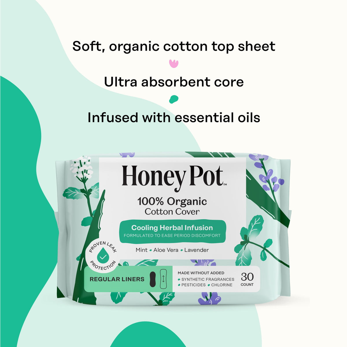 Honey Pot 100% Organic Cotton Cover Cooling Herbal Infusion Regular Liners, 30 count