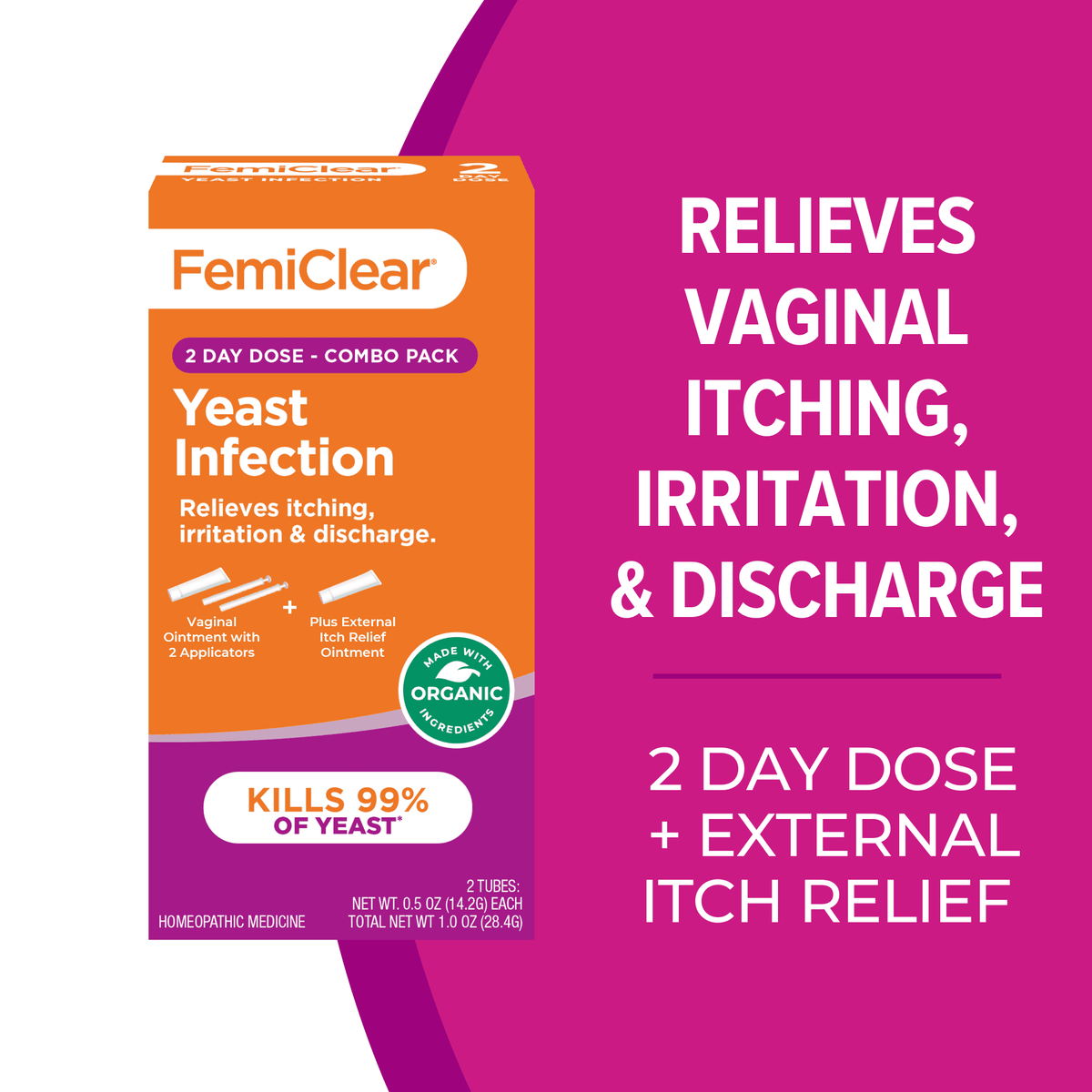FemiClear Natural & Organic 2-Day Yeast Infection Ointment with External Itch Relief, 2 Tubes, 2 Applicators