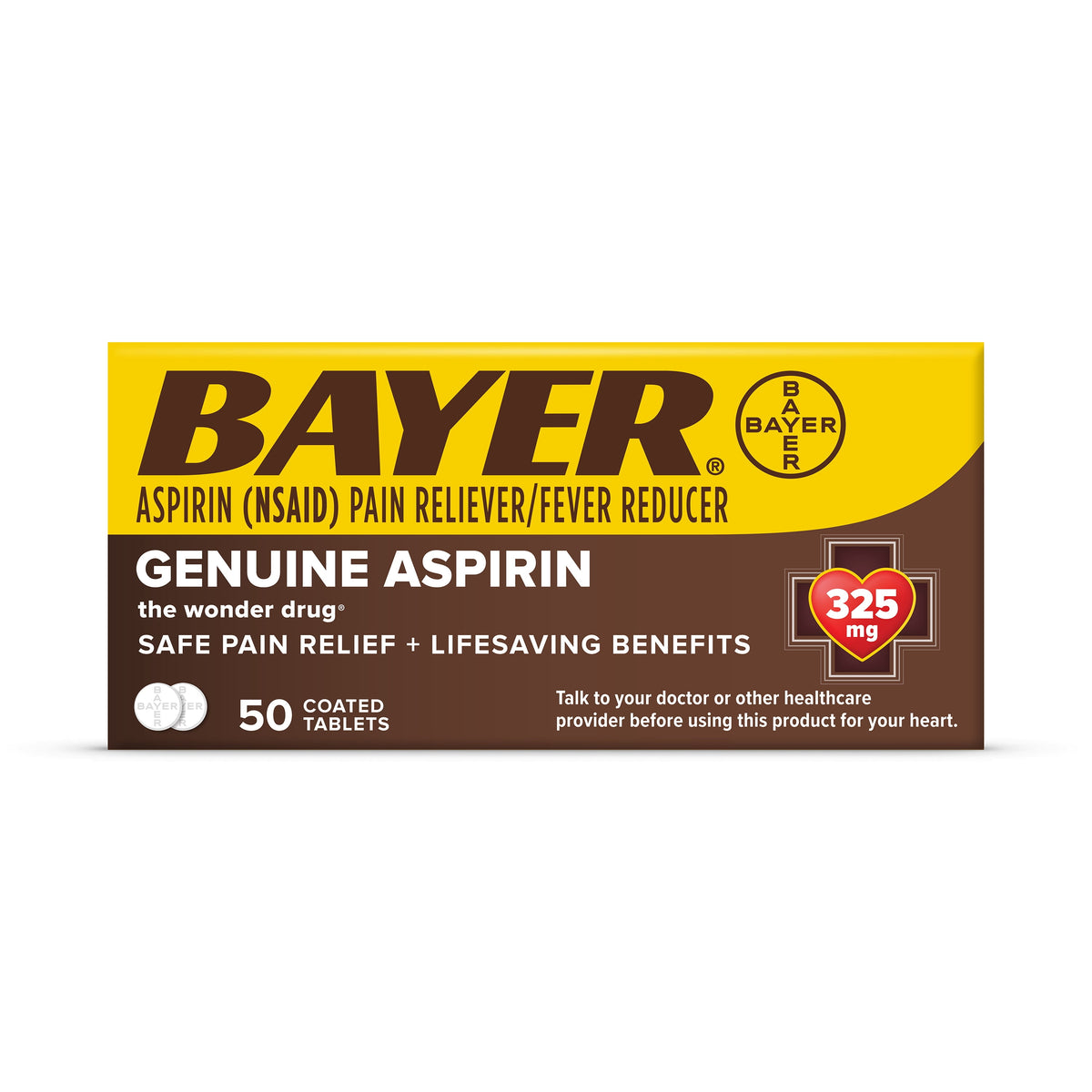Bayer Genuine Aspirin 325 mg Coated Tablets for Multi-symptom pain relief and Headache Relief, 50 Count
