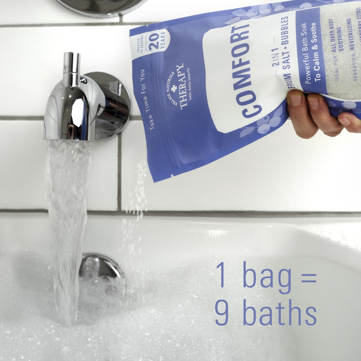 Village Naturals Therapy Comfort 2in1 Foaming Epsom Bath Soak, Blueberry Citrus Scent