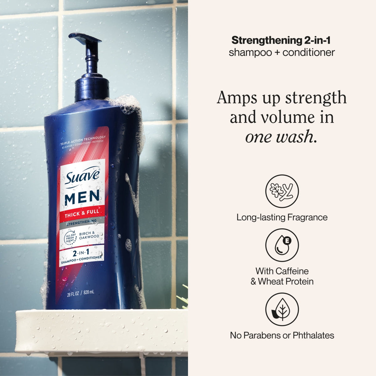 Suave Men Thick & Full Strengthening 2-in-1 Shampoo & Conditioner, Birch & Oakwood Scent, 28 FL OZ