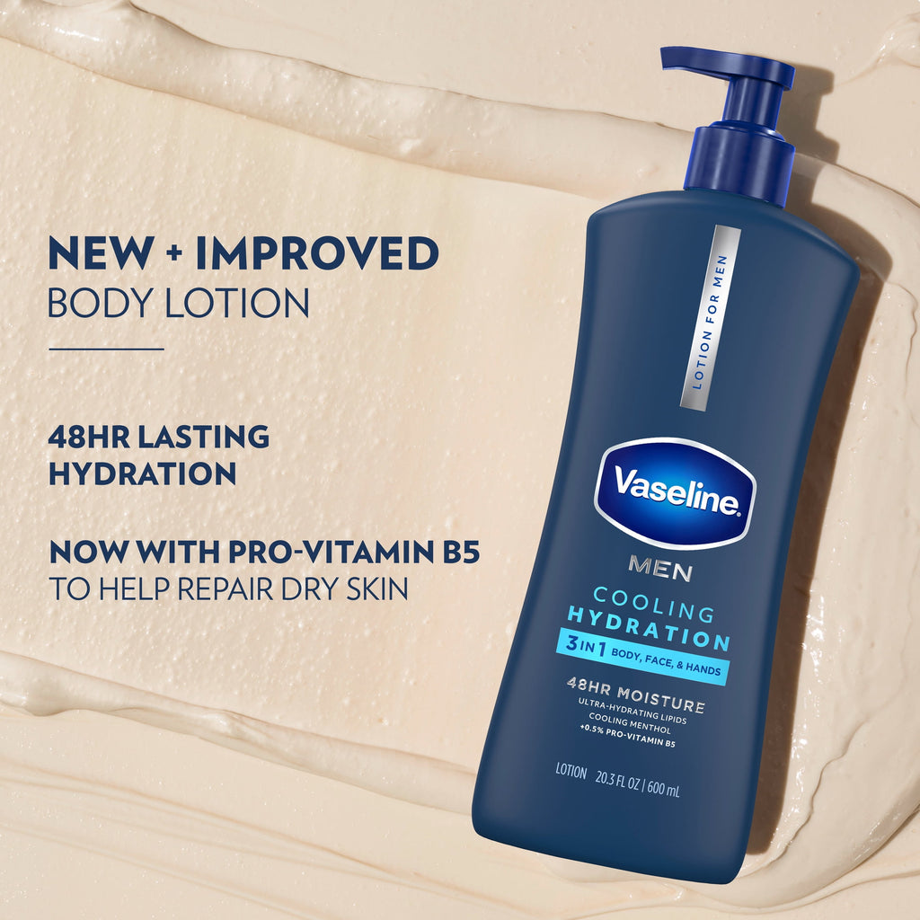 Vaseline Men Cooling Hydration 3-in-1 Face, Hands & Body Lotion For Men For Dry Skin With Menthol & Ultra-Hydrating Lipids, 20.3 fl oz