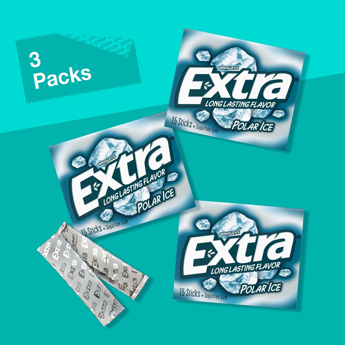 EXTRA Polar Ice Sugar Free Chewing Gum, Cool Mint Flavor, 15 Pieces per Pack, 3 Pack