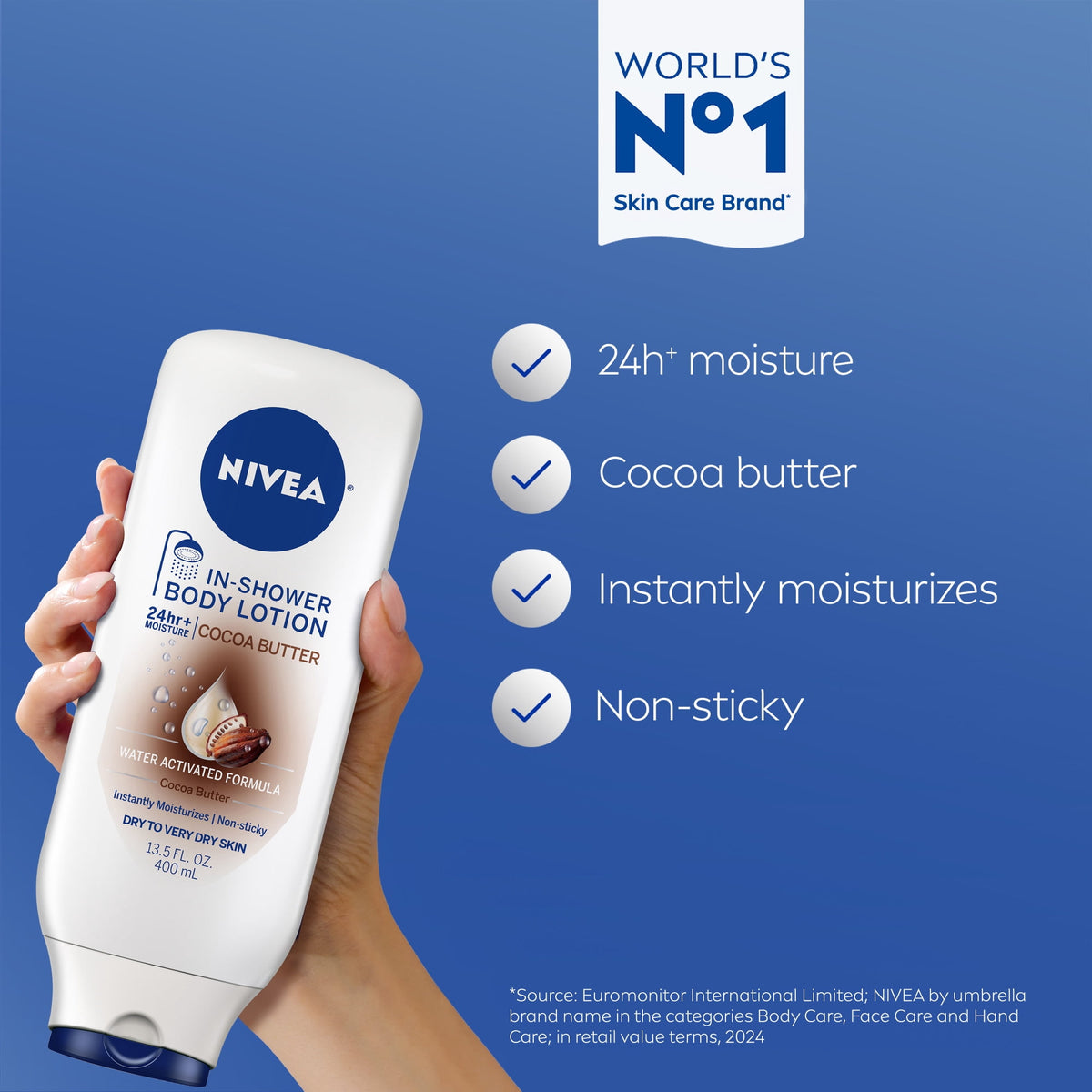 NIVEA Cocoa Butter In Shower Lotion for Dry Skin, 24-Hour Body Moisturizer, 13.5 fl oz