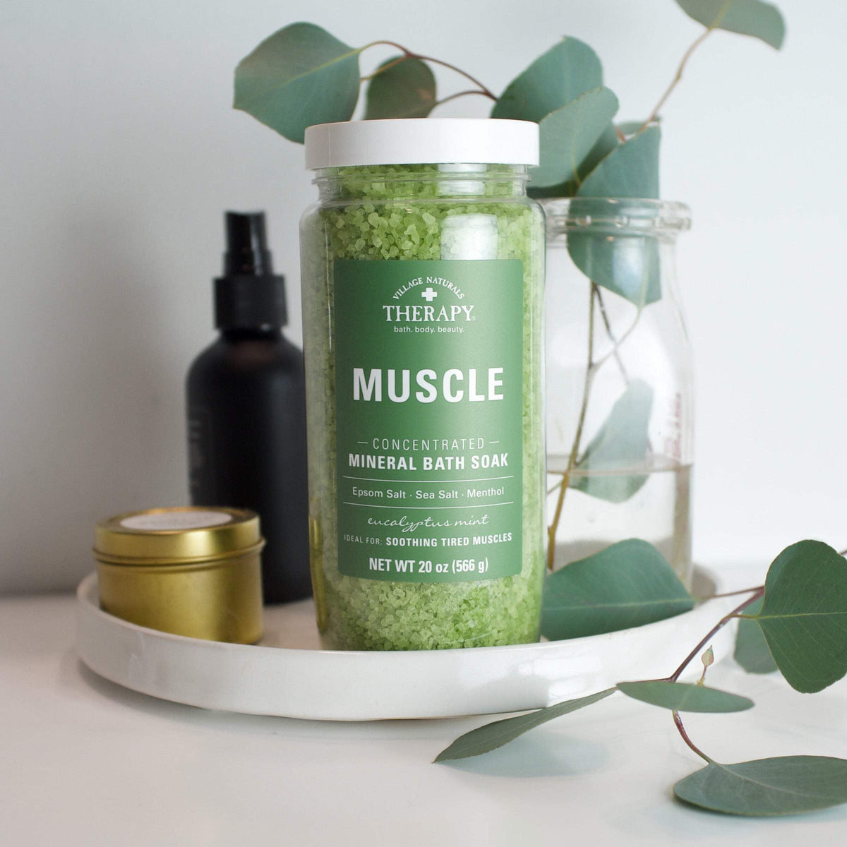 Village Naturals Therapy Muscle Relief Concentrated Mineral Bath Soak, Eucalyptus Mint, 20 oz.