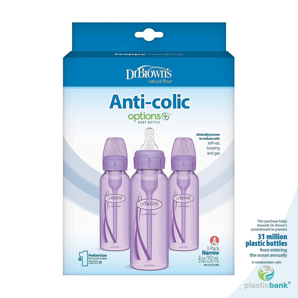 Dr. Brown's Natural Flow Anti-Colic Options+ Narrow Baby Bottle, Purple, 8oz, Slow Flow, 0m+, 3 Pack