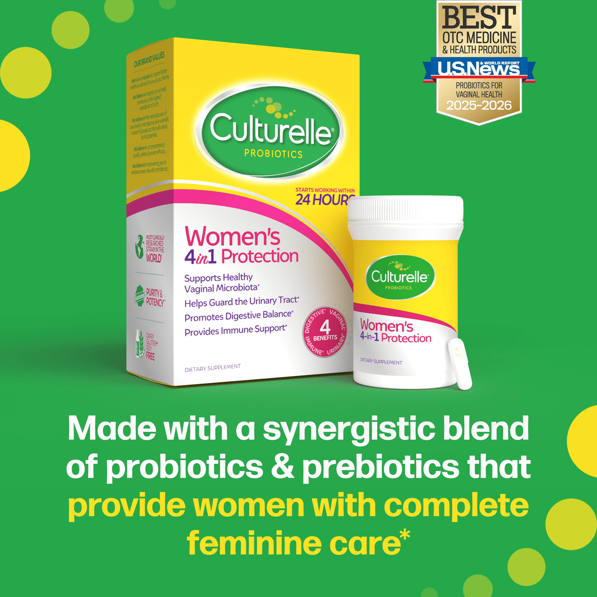 Culturelle Probiotics Women's 4-in-1 Protection Daily Supplement, Made with Prebiotics to Support Vaginal, Digestive, Urinary & Immune Health