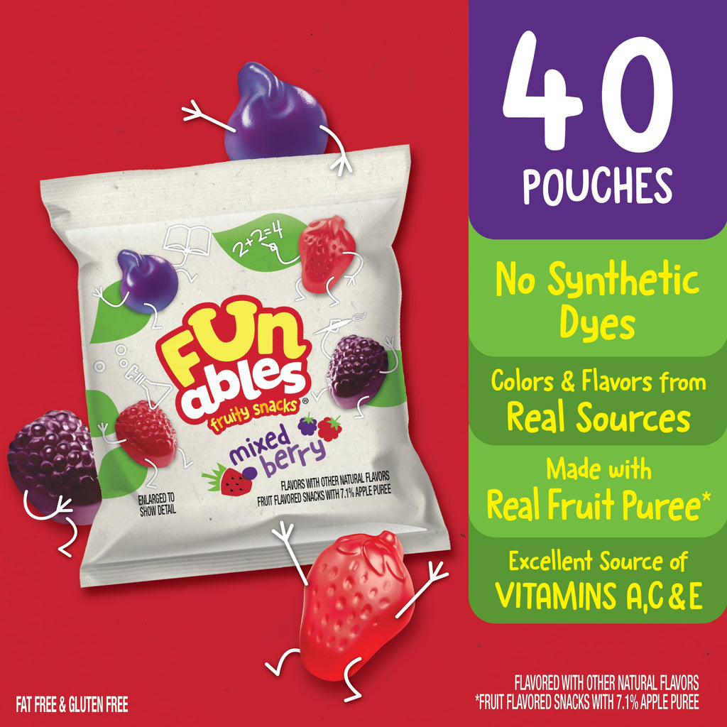 Funables Fruity Snacks, Mixed Berry Flavored Snacks, 0.8 Ounce Pouches, 40 Count