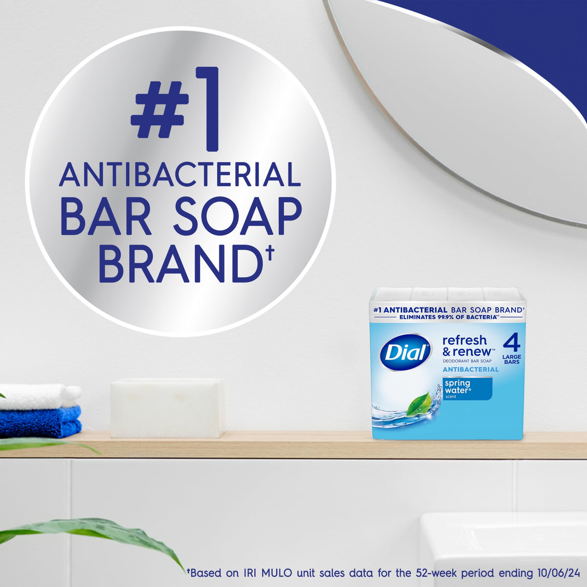 Dial Antibacterial Bar Soap, Refresh & Renew Spring Water Deodorant Bar, 4 oz (4 Bars)