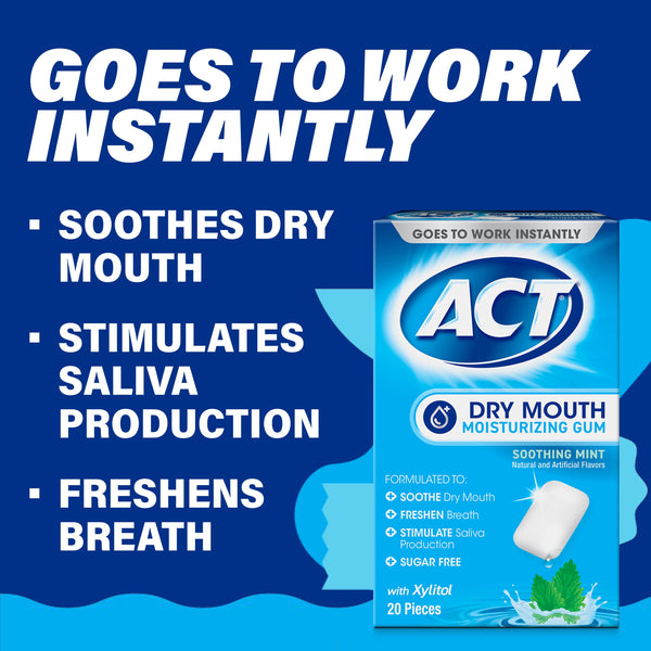 ACT Dry Mouth Moisturizing Gum With Xylitol, Soothing Mint, 20 ct.