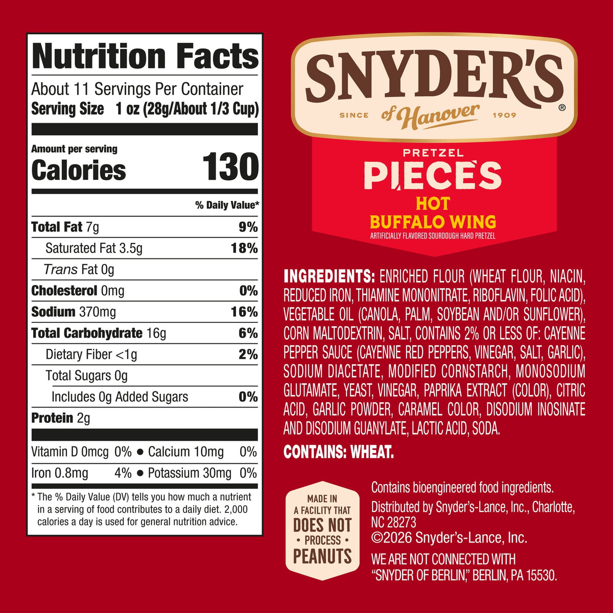 Snyder's of Hanover Hot Buffalo Wing Flavored Pretzel Pieces, 11.25 oz Bag