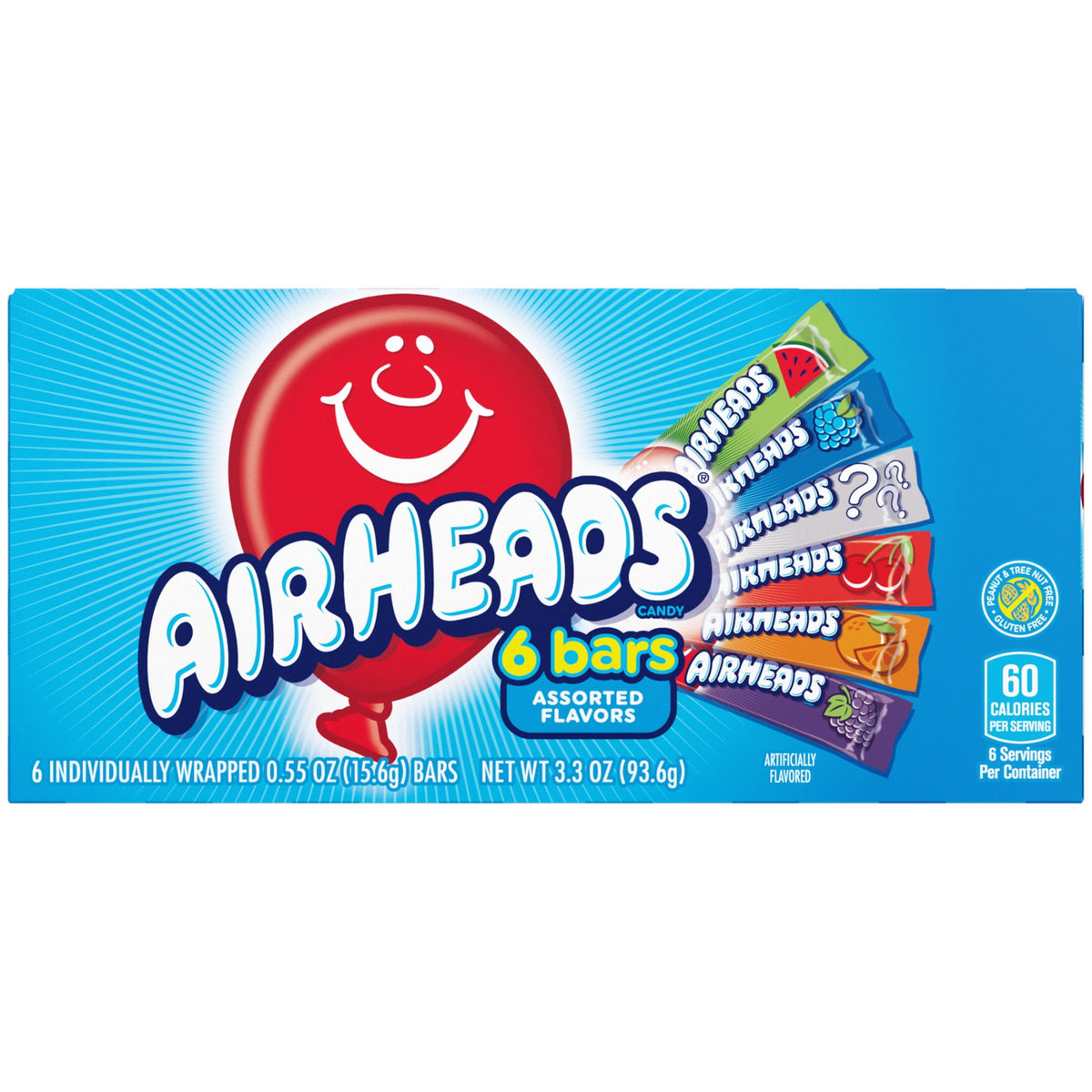 Airheads Peanut-Free Full-Size Chewy Candy Bars, Assorted Fruit Flavors, Bulk Candy Individually Wrapped, 6 Count Box