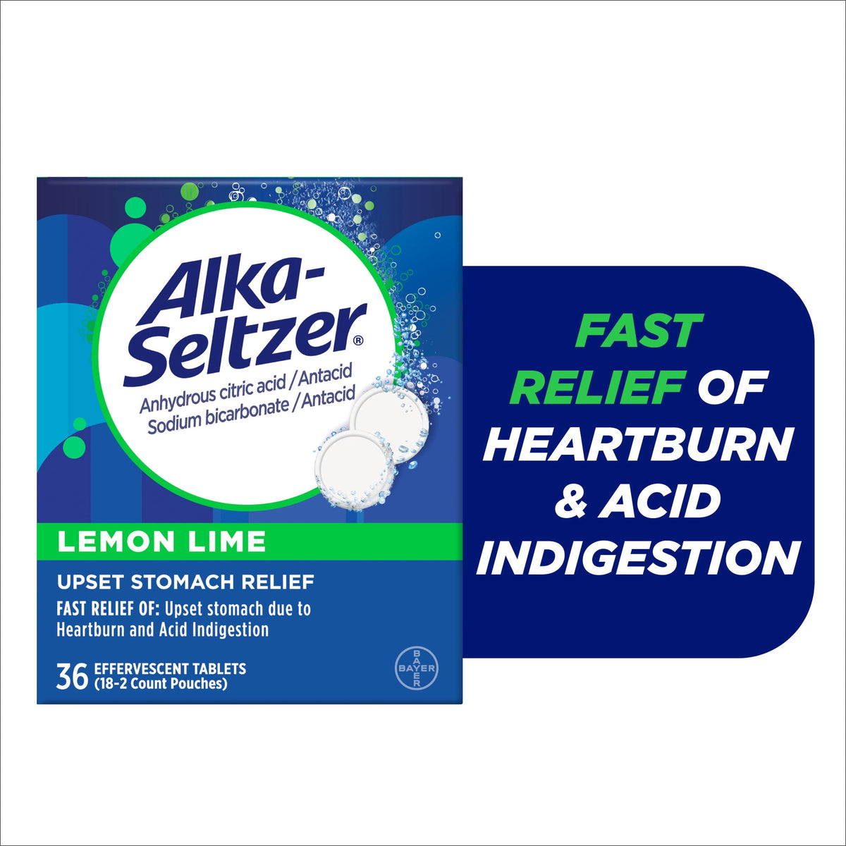 Alka-Seltzer Lemon Lime Heartburn Relief tablets, Fast Acid Indigestion Relief, 36 Ct