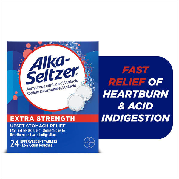 Alka-Seltzer Extra Strength Heartburn Relief Effervescent Antacid Tablets, Fast Acid Indigestion Relief, 24 Count