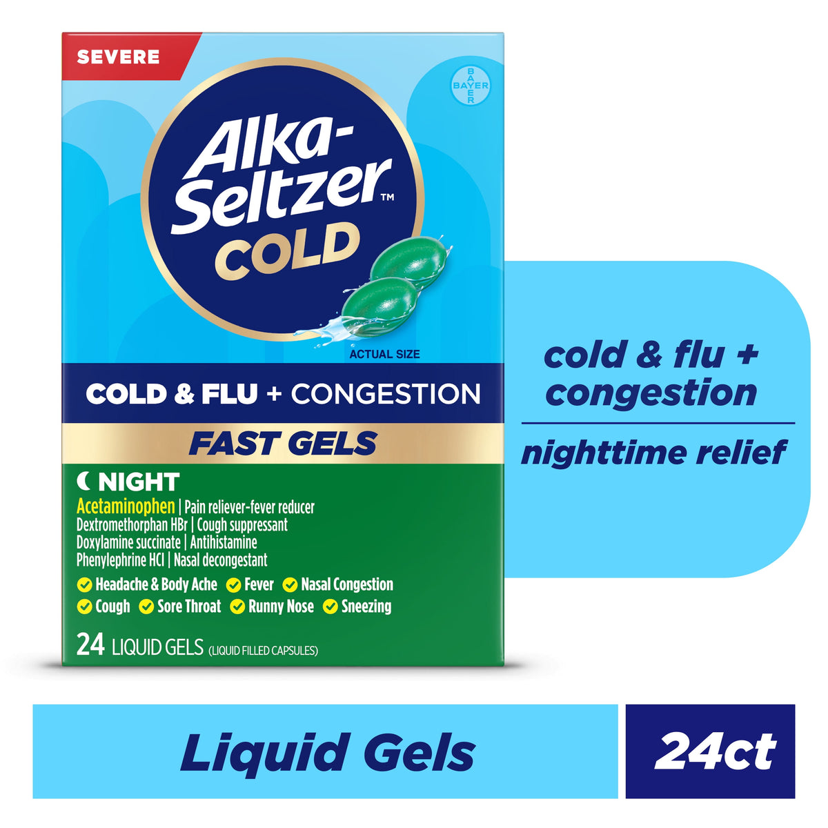 Alka-Seltzer Cold, Cold & Flu + Congestion Severe Night Fast Gels, 24 Count