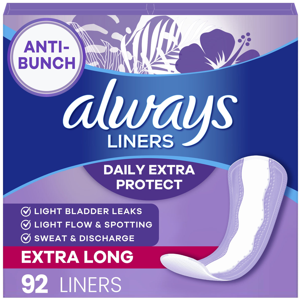 Always Panty Liners, Daily Extra Protect, Extra Long Length, Unscented liners, 92 Count